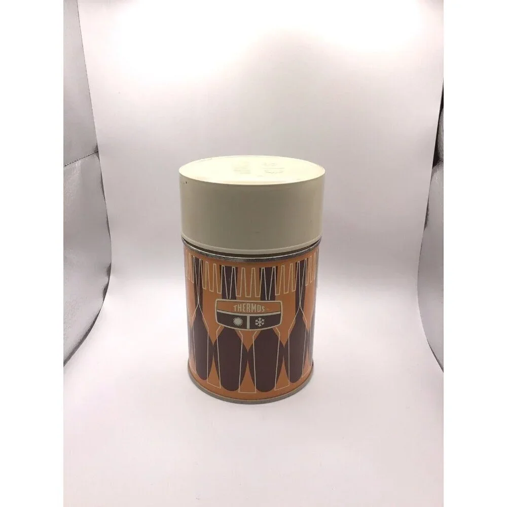Vintage 1970’s King Seeley Thermos Orange & Brown Fork And Spoon Pattern